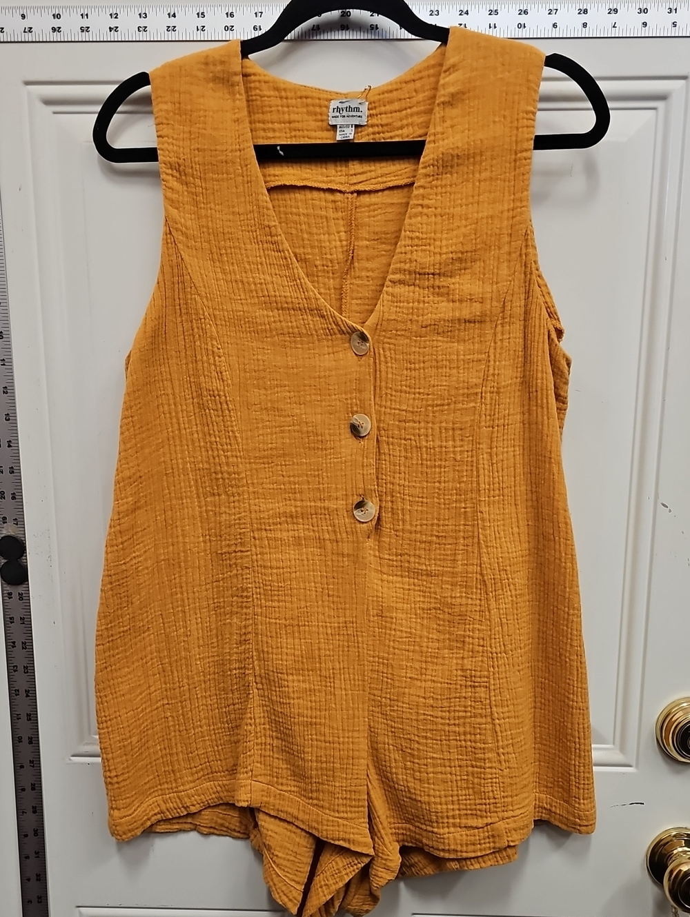 Rhythm. Mustard Textured Sleeveless V-Neck Button Romper